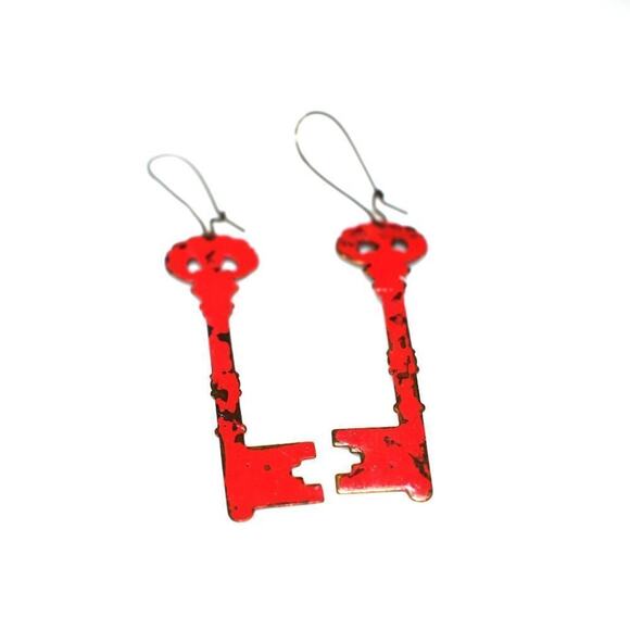 Vintage Red Enamel Key Earrings, Rustic Artisan Long Ear Wire Earrings, 3 1/2" - Picture 6 of 10